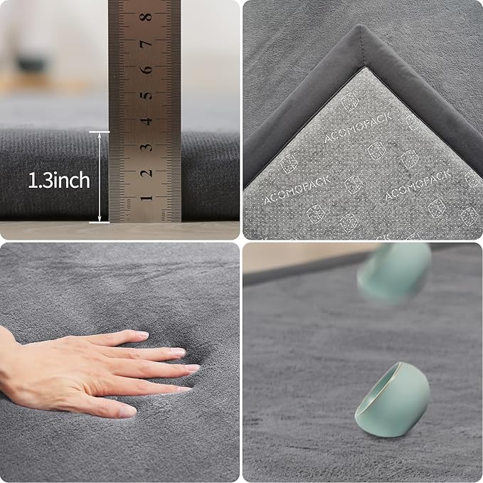 ACOMOPACK Baby Play Mat for Floor 1.3" Thick Memory Foam Play Mat 59"×71" Tummy Time Crawling with Non-Slip Bottom for Living Room,Nursery,Soft Velvet Playpen Mats for Kids,Infants(Dark Grey)