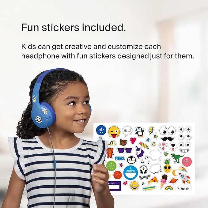 Belkin SoundForm Mini Kids Wired Headphones with Built-in Microphone & Fun Stickers, 85dB Safe Volume Limit – for Online Learning, Travel, Compatible w/iPhone 15, iPad, Galaxy S23, & More - Blue