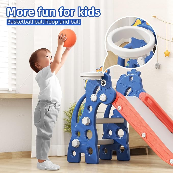 67i Toddler Slide for Indoor & Outdoor Play with Basketball Hoop, Anti-Slip Steps, 46.8in Baby Climber (Blue)