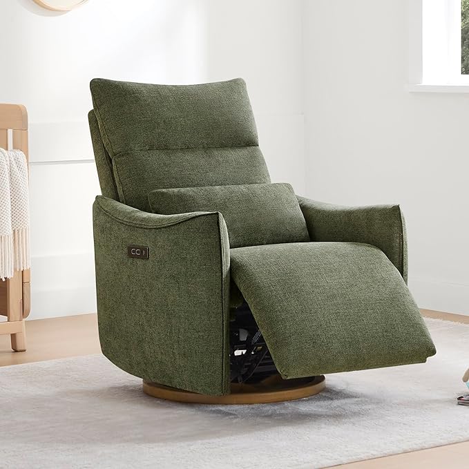 CHITA Swivel Rocker Recliner Chair, Power Nursery Glider Recliner, Nursery Rocking Chair with Adjustable Power Headrest, FSC Certified, Solid Wood Base, Moss Green