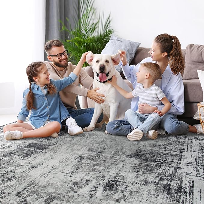 4x6 Area Rugs for Living Room Rug Washable: Modern Large Rug for Dining Room Bedroom Carpet Non Slip Low Pile 4 by 6 Indoor Abstract Nursery Home Office Black Grey