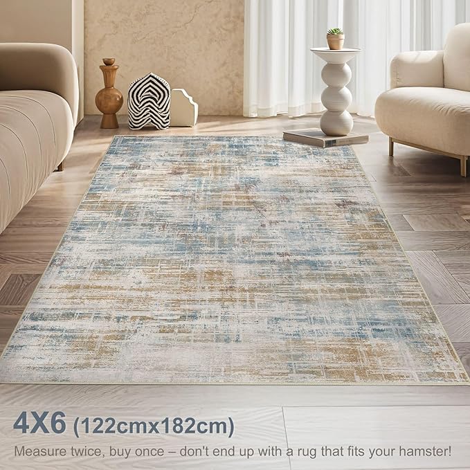 Area Rug for Living Room: 4x6 Washable Neutral Abstract Modern Soft Rugs Non Slip Indoor Floor Stain Resistant Carpet for Bedroom Dining Room Office Nursery - Blue Brown