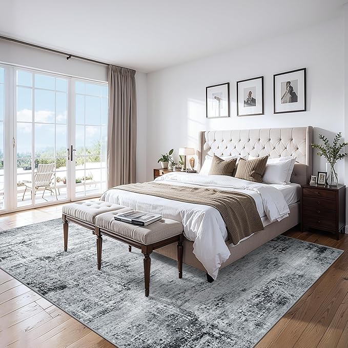 Area Rugs Living Room Rug - 5x7 Washable Modern Abstract Soft Neutral Non-Slip Carpet Large Indoor Floor Thin Carpets for Bedroom Dining Room Farmhouse Nursery Home Office Black