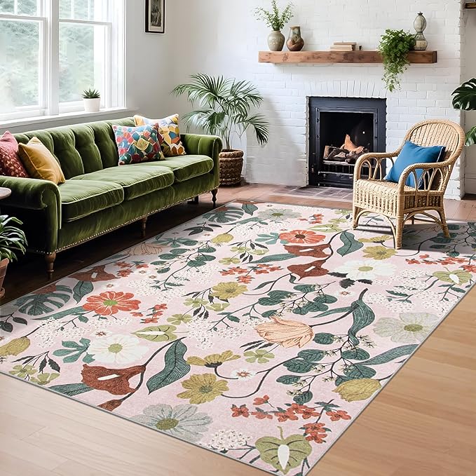 Area Rug Living Room Rugs: 5x7 Washable Rug Vintage Floral Soft Boho Non Slip Carpet Indoor Floor Non Shedding Low Pile Thin Carpets for Bedroom Dining Room Farmhouse Nursery Home Office Light Pink