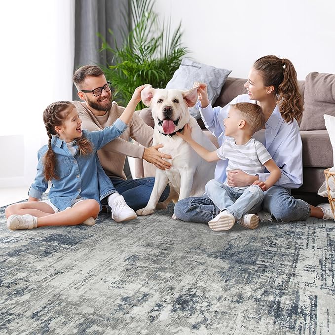 4x6 Area Rugs for Living Room Rug Washable: Modern Large Rug for Dining Room Bedroom Carpet Non Slip Low Pile 4 by 6 Indoor Abstract Nursery Home Office Blue Grey