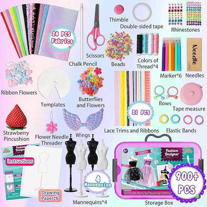 900+ Fashion Designer Kits for Girls with Mannequins-Kids Sewing Kits,Girls Fashion Design Gift,Arts and Crafts Kit,Girl Craft Activities Age 6 7 8 9 10 11 12