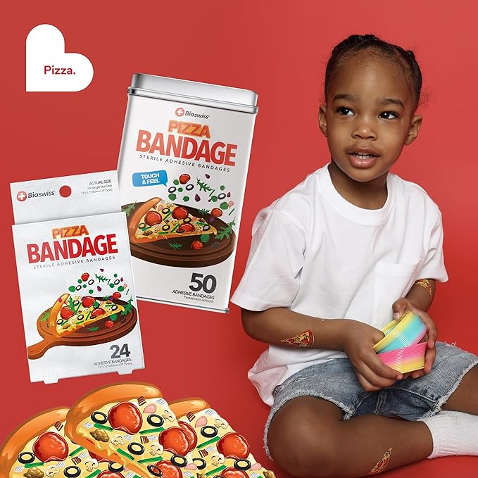 BioSwiss Bandages, Pizza Shaped Self Adhesive Bandage, Latex Free Sterile Wound Care, Fun First Aid Kit Supplies for Kids, 50 Count