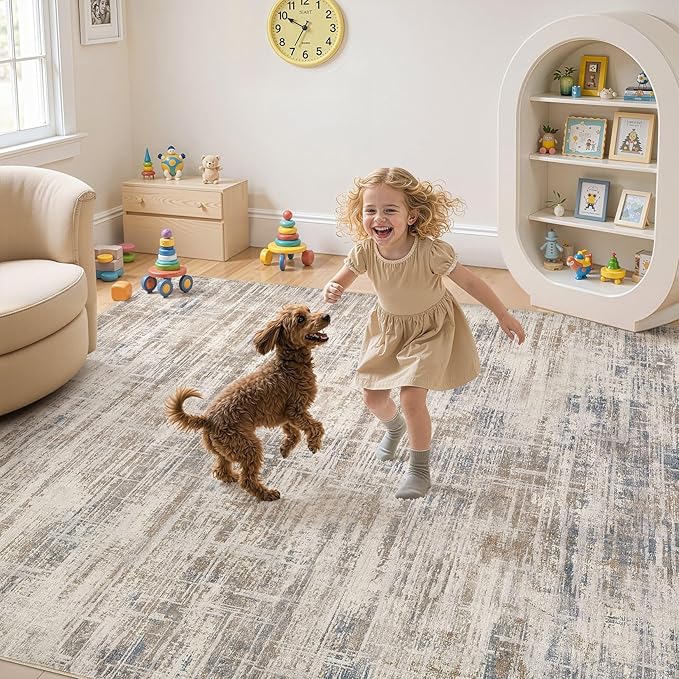 Area Rug for Living Room: 10x12 Washable Neutral Abstract Modern Soft Rugs Non Slip Indoor Floor Stain Resistant Large Carpet for Bedroom Dining Room Office Nursery - Brown