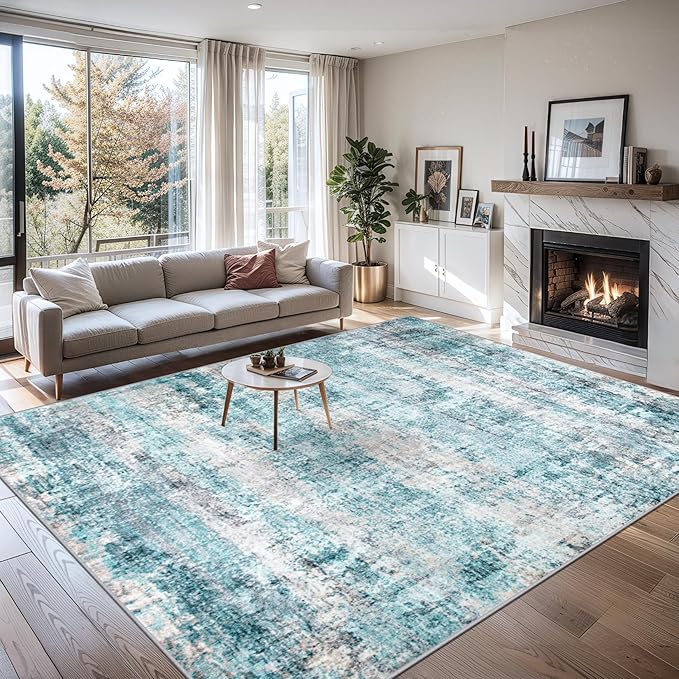 Area Rugs Living Room Rug - 4x6 Washable Modern Abstract Soft Neutral Non-Slip Carpet Large Indoor Floor Thin Carpets for Bedroom Dining Room Farmhouse Nursery Home Office Green