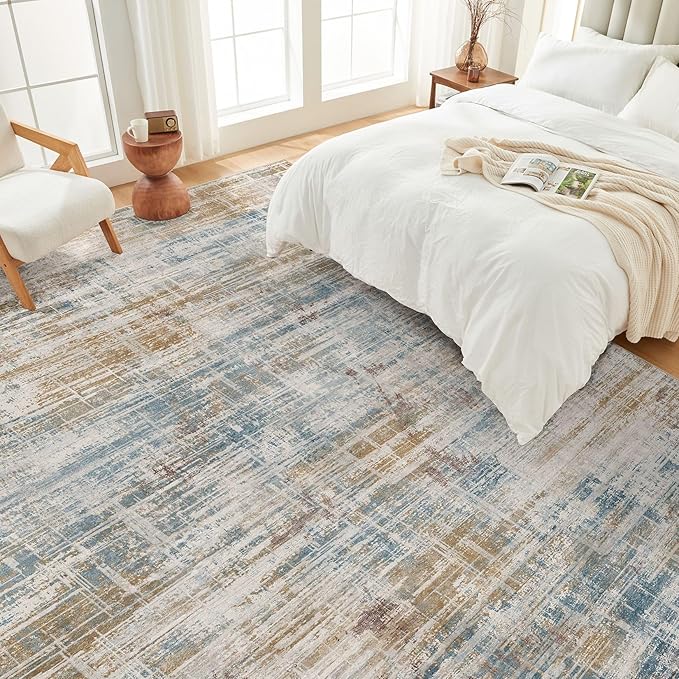 Area Rug for Living Room: 6x9 Washable Neutral Abstract Modern Soft Rugs Non Slip Indoor Floor Stain Resistant Large Carpet for Bedroom Dining Room Office Nursery - Blue Brown