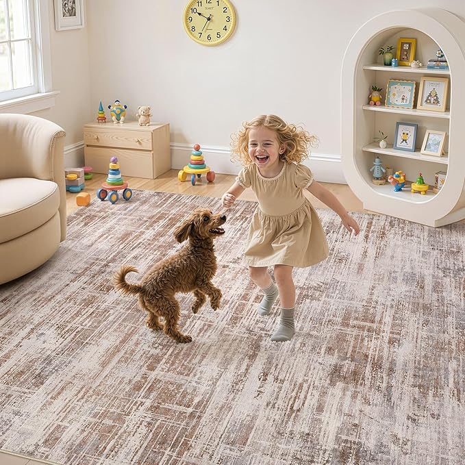 Area Rug for Living Room: 10x12 Washable Neutral Abstract Modern Soft Rugs Non Slip Indoor Floor Stain Resistant Large Carpet for Bedroom Dining Room Office Nursery - Red Brown