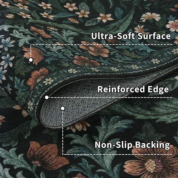 2x6 Washable Runner Rug,Black Floral Boho Area Rug for Hallway,Low-Pile Non-Slip Stain Resistant Carpet for Kitchen, Bedside,Laundry Room,Entryway