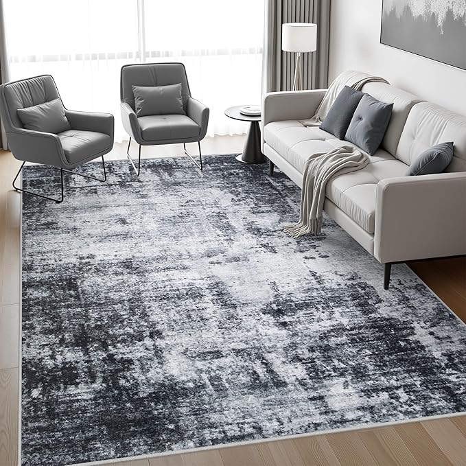 5x7 Area Rug Living Room Rug: Washable Modern Abstract Soft Thin Rug Indoor Floor No Slip Stain Resistant Carpet for Bedroom Dining Room Farmhouse Nursery Home Office - Dark Black