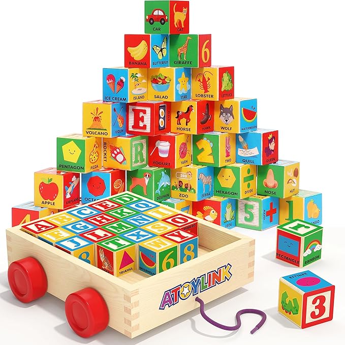 Atoylink ABC Wooden Building Blocks for Toddlers 1-3, 30 Pcs Alphabet & Number Stacking Toys with Storage Pull Toy Car Learning & Education Montessori Toys for 1 2 3 Year Old Baby Boy Girl Gifts