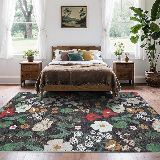 Area Rug Living Room Rugs: 6x9 Washable Rug Vintage Floral Soft Boho Non Slip Carpet Indoor Floor Non Shedding Low Pile Thin Carpets for Bedroom Dining Room Farmhouse Nursery Home Office Green