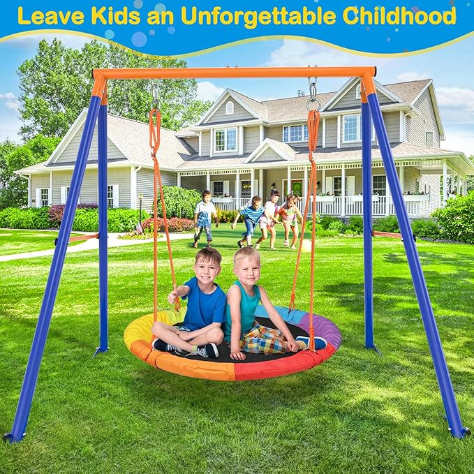 GIKPAL Saucer Swing with Stand for Kids Outdoor, 440lbs Swing Set with Heavy-Duty Metal Frame and Adjustable Ropes, Safe Waterproof Round Playset for Backyard Playground Park, Rainbow Color