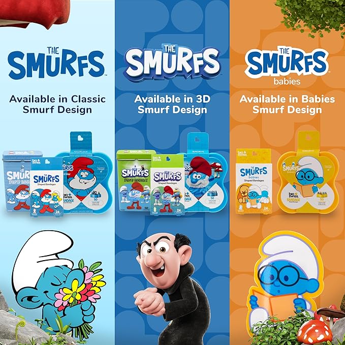 BioSwiss Bandages, The Smurfs Baby Smurf Shaped Self Adhesive Bandage, Latex Free Sterile Wound Care, Fun First Aid Kit Supplies for Kids and Adults, 50 Count Case
