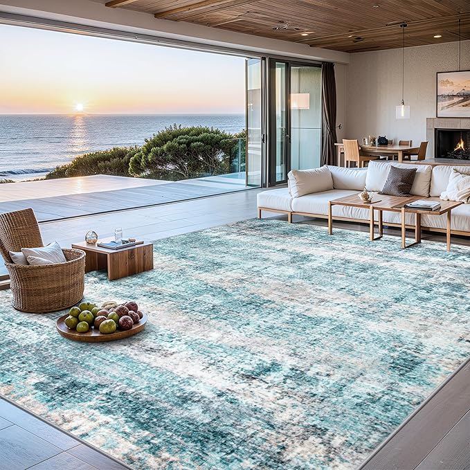 Area Rugs Living Room Rug - 4x6 Washable Modern Abstract Soft Neutral Non-Slip Carpet Large Indoor Floor Thin Carpets for Bedroom Dining Room Farmhouse Nursery Home Office Green