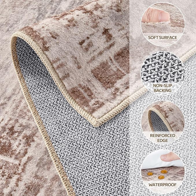 Area Rug for Living Room: 10x12 Washable Neutral Abstract Modern Soft Rugs Non Slip Indoor Floor Stain Resistant Large Carpet for Bedroom Dining Room Office Nursery - Red Brown