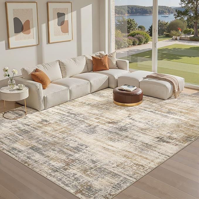 Area Rug for Living Room: 7x9 Washable Neutral Abstract Modern Soft Rugs Non Slip Indoor Floor Stain Resistant Large Carpet for Bedroom Dining Room Office Nursery - Golden Brown