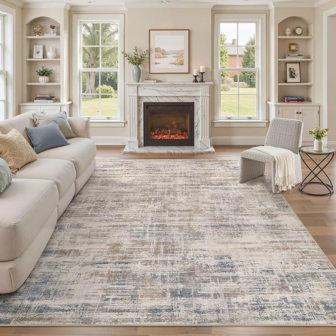Area Rug for Living Room: 9x12 Washable Neutral Abstract Modern Soft Rugs Non Slip Indoor Floor Stain Resistant Large Carpet for Bedroom Dining Room Office Nursery - Brown