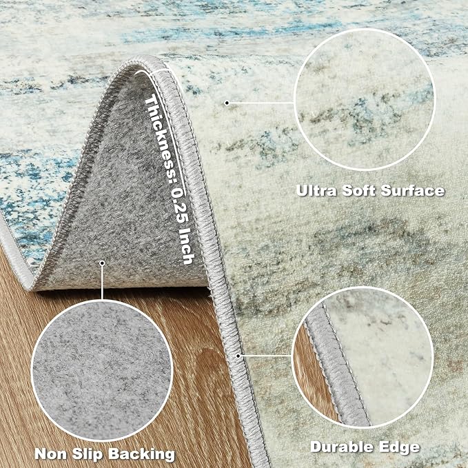 5x7 Area Rugs for Lliving Room Bedroom, Abstract Washable Rugs with Non-Slip Backing, Stain Resistant Thin Carpet for Dorm Dining Room Table Nursery Indoor Home Office-Blue/Gray