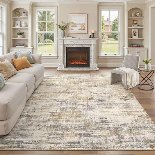 Area Rug for Living Room: 7x9 Washable Neutral Abstract Modern Soft Rugs Non Slip Indoor Floor Stain Resistant Large Carpet for Bedroom Dining Room Office Nursery - Golden Brown