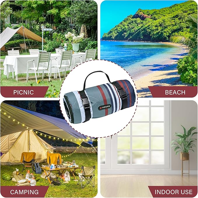 HX&OD Outdoor Picnic Blanket Extra Large, 80''*80'' Waterproof Picnic Mat with Stakes Foldable Camping Blanket Portable with Carry Strap for Beach Mat (Red, 80''*80'')