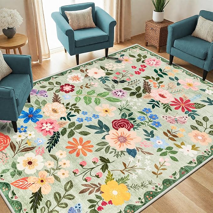 Area Rug Living Room Rugs: Floral 5x7 Washable Rug Vintage Soft Boho Non-Slip Carpet Indoor Stain Resistant Large Carpets for Bedroom Dining Room Farmhouse Nursery Hallway Home Office Green