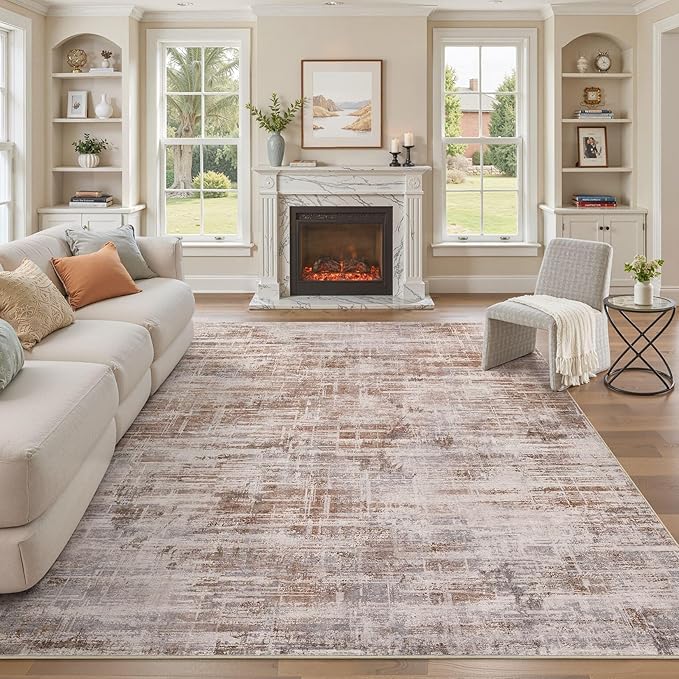 Area Rug for Living Room: 9x12 Washable Neutral Abstract Modern Soft Rugs Non Slip Indoor Floor Stain Resistant Large Carpet for Bedroom Dining Room Office Nursery - Red Brown