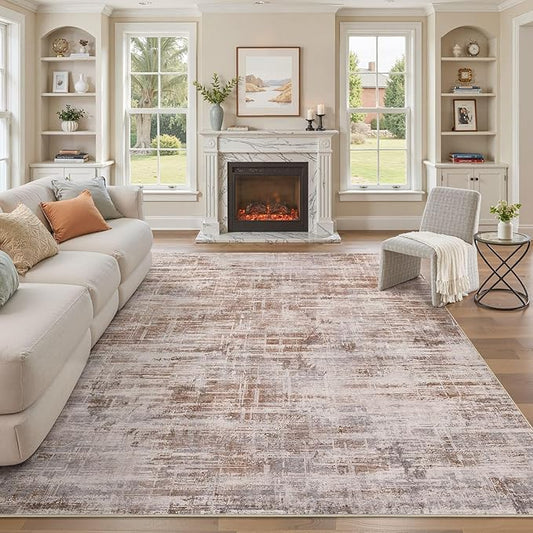 Area Rug for Living Room: 10x14 Washable Neutral Abstract Modern Soft Rugs Non Slip Indoor Floor Stain Resistant Large Carpet for Bedroom Dining Room Office Nursery - Red Brown