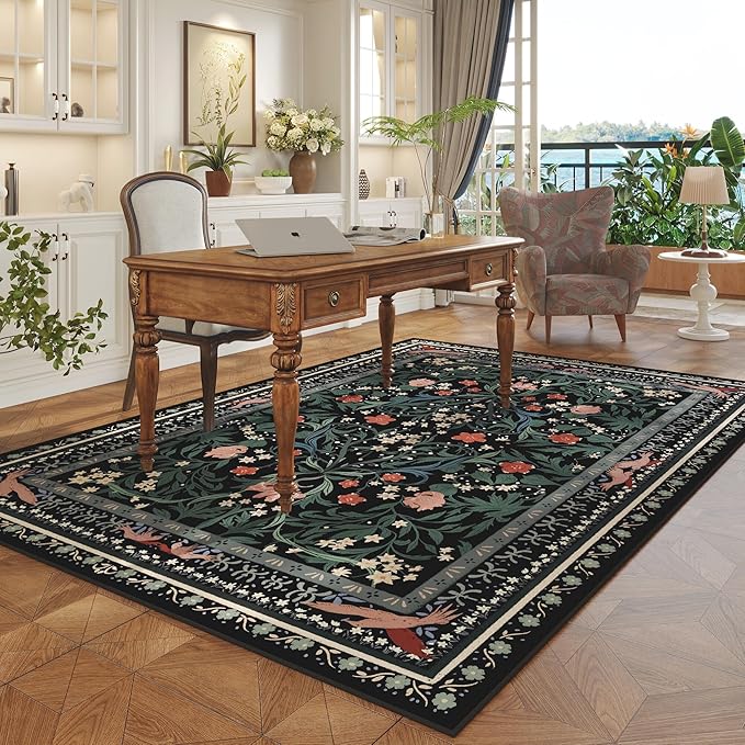 Area Rugs 8x10 for Living Room Clearance Washable Vintage Floral Botanical Rug Non Slip Low Pile Large Rug for Bedroom, Farmhouse, Dining Room, Kids Playroom, Black