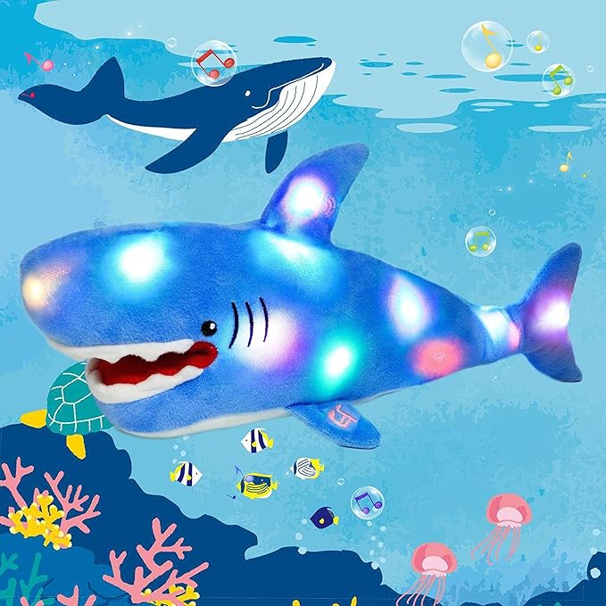 Cuteoy Light-up Singing Plush Shark LED Musical Stuffed Animal Adjustable Volume Lullaby Plushies Birthday Christmas Toy Gifts for Kids Toddler Girls, 13"