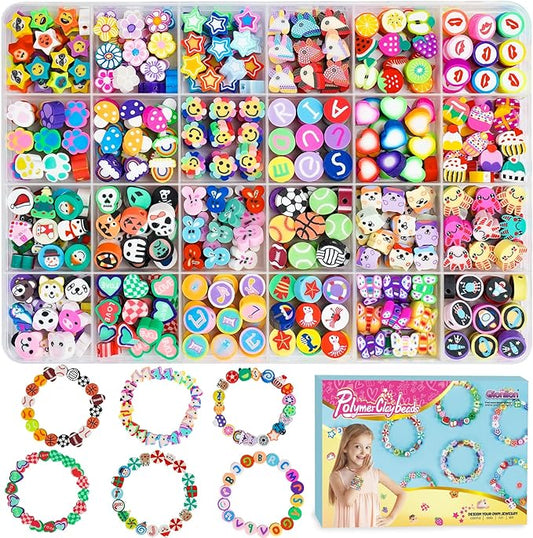 Gionlion 500 Pcs Polymer Clay Beads Bracelet Making Kit,24 Style Animal Fruit Flower Butterfly Bunny Pony Letter Beads Charms for Jewelry Making, DIY Art and Crafts Toys Gifts for 4+ Year Old Kids