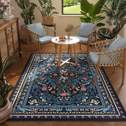 Area Rug 4x6 Rug Washable Vintage Floral Botanical Rugs Non Slip Low Pile Small Carpet for Bedroom, Bedside, Kids Room, Office, Dining Room, Blue