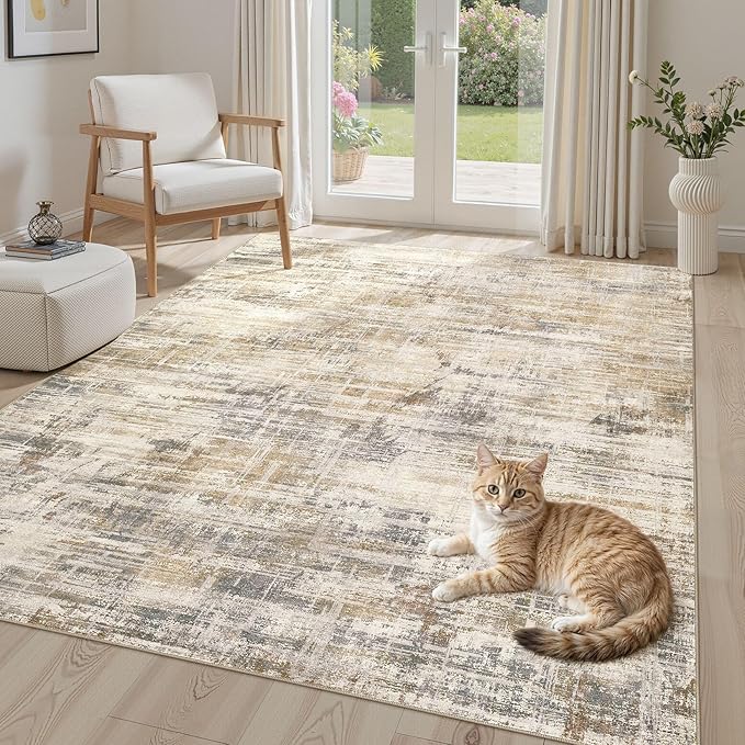 Area Rug for Living Room: 5x7 Washable Neutral Abstract Modern Soft Rugs Non Slip Indoor Floor Stain Resistant Carpet for Bedroom Dining Room Office Nursery - Golden Brown