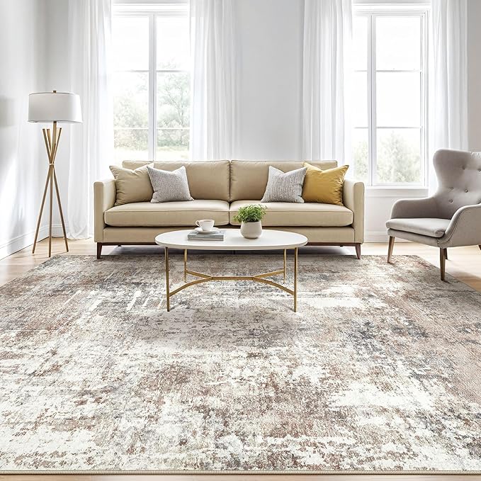 Area Rug Living Room Rugs: 5x7 Washable Large Abstract Modern Soft Stain Resistant Indoor Floor Non Slip Accent Carpet for Bedroom Nursery Playroom Dining Room Office Dorm Home House Decor- Brown