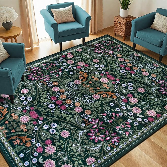 Area Rug Living Room Rugs: Floral 5x7 Washable Rug Vintage Soft Boho Non-Slip Carpet Indoor Floor Stain Resistant Large Carpets for Bedroom Dining Room Farmhouse Nursery Hallway Home Office Dark Green