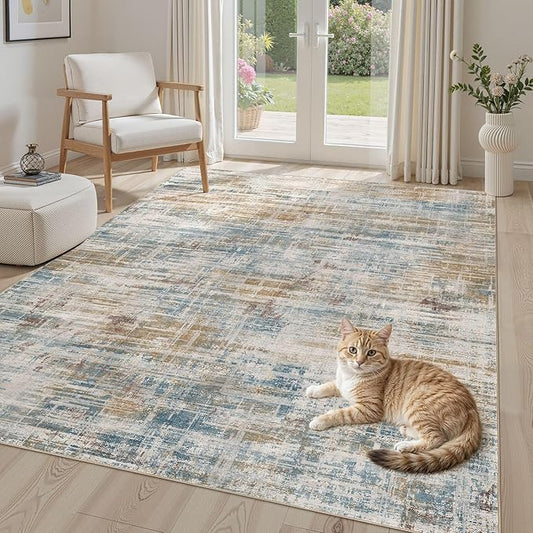 Area Rug for Living Room: 4x6 Washable Neutral Abstract Modern Soft Rugs Non Slip Indoor Floor Stain Resistant Carpet for Bedroom Dining Room Office Nursery - Blue Brown