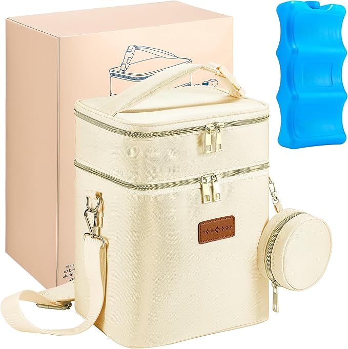 Breastmilk Cooler Bag with Ice Pack & Pacifier Case, Large Double Layer Insulated Baby Bottle Cooler Fits 6 Bottles, Breast Pump Storage Bag for Working Nursing Moms, with Gift Box