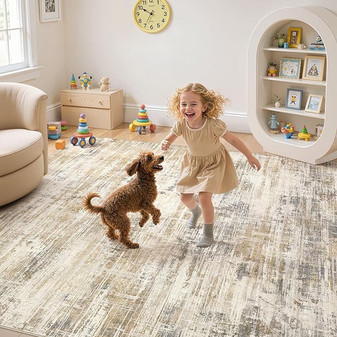 Area Rug for Living Room: 10x12 Washable Neutral Abstract Modern Soft Rugs Non Slip Indoor Floor Stain Resistant Large Carpet for Bedroom Dining Room Office Nursery - Golden Brown