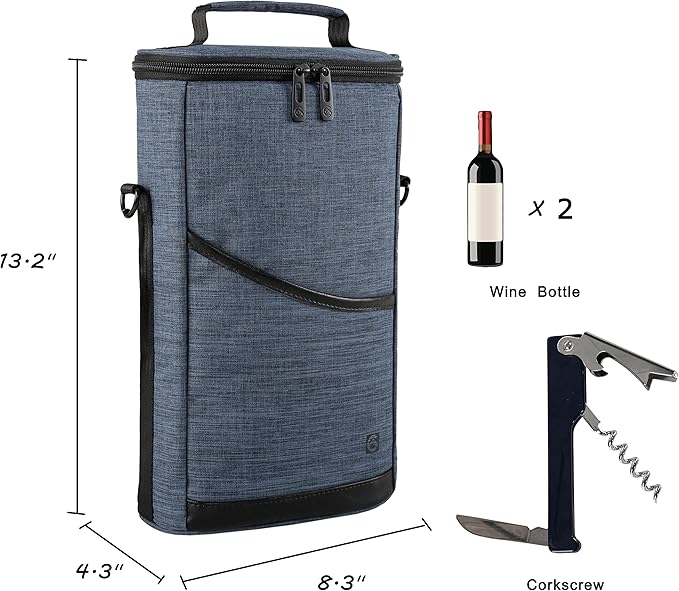 ALLCAMP 2 Bottle Wine Tote Carrier - Insulated Portable Padded Canvas Wine Bag for Travel, BYOB Restaurant, Wine Tasting, Party, Great Christmas Day Gift for Wine Lover,Blue