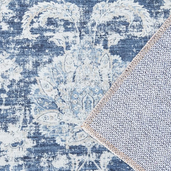jinchan Hallway Runner Rug 3x7 Machine Washable Runner Rug Dark Blue Vintage Floral Design Non-Slip Low Pile Ultra-Thin for Kitchen Laundry Room Bedroom Farmhouse (3‘x7',Dark Blue)