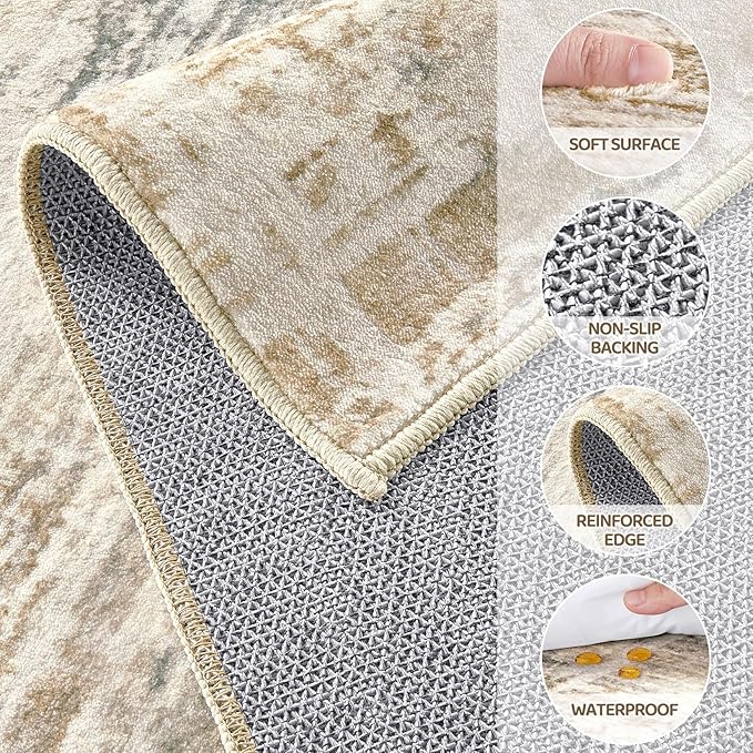 Area Rug for Living Room: 8x10 Washable Neutral Abstract Modern Soft Rugs Non Slip Indoor Floor Stain Resistant Large Carpet for Bedroom Dining Room Office Nursery - Golden Brown