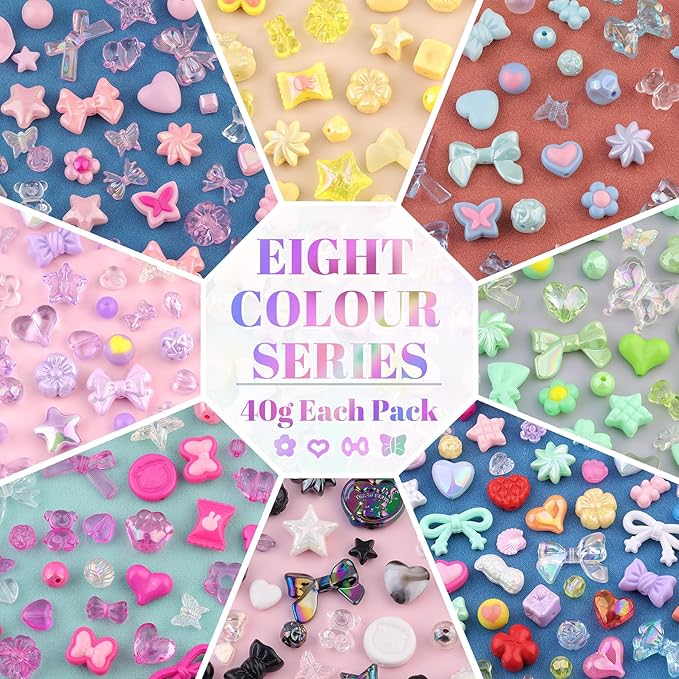 Assorted 400PCS 8 Mixed Colors Acrylic Beads for Bracelet Making, Flower Bow Butterfly GummyBear Aesthetic Bracelet Charms,Cute Beads for Jewelry Making DIY Necklace Keychain Phone Charm