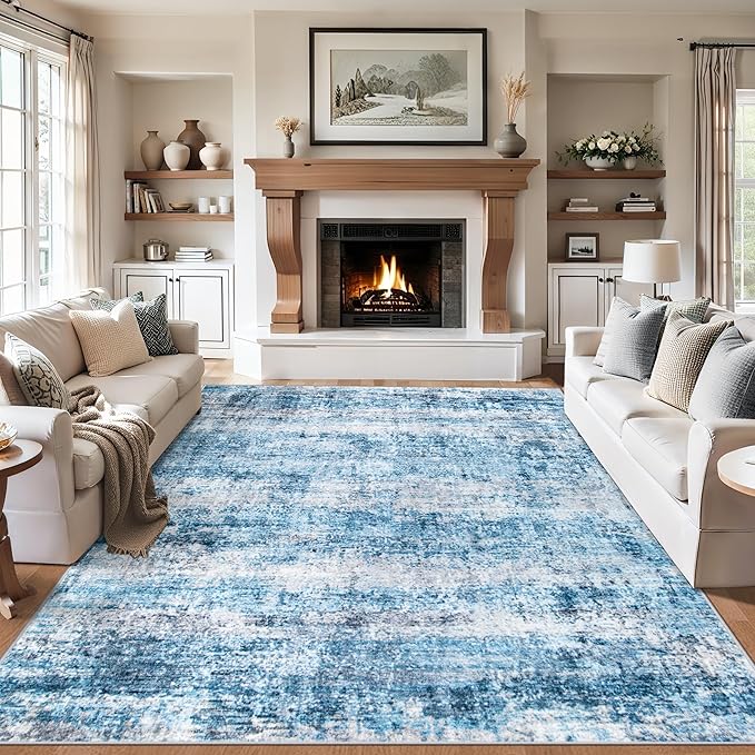 Area Rugs Living Room Rug - 4x6 Washable Modern Abstract Soft Neutral Non-Slip Carpet Large Indoor Floor Thin Carpets for Bedroom Dining Room Farmhouse Nursery Home Office Blue Grey