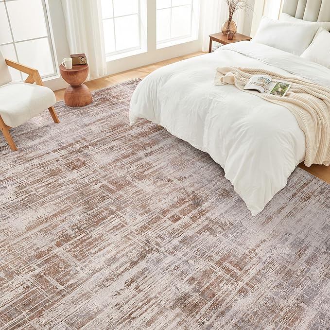 Area Rug for Living Room: 9x12 Washable Neutral Abstract Modern Soft Rugs Non Slip Indoor Floor Stain Resistant Large Carpet for Bedroom Dining Room Office Nursery - Red Brown