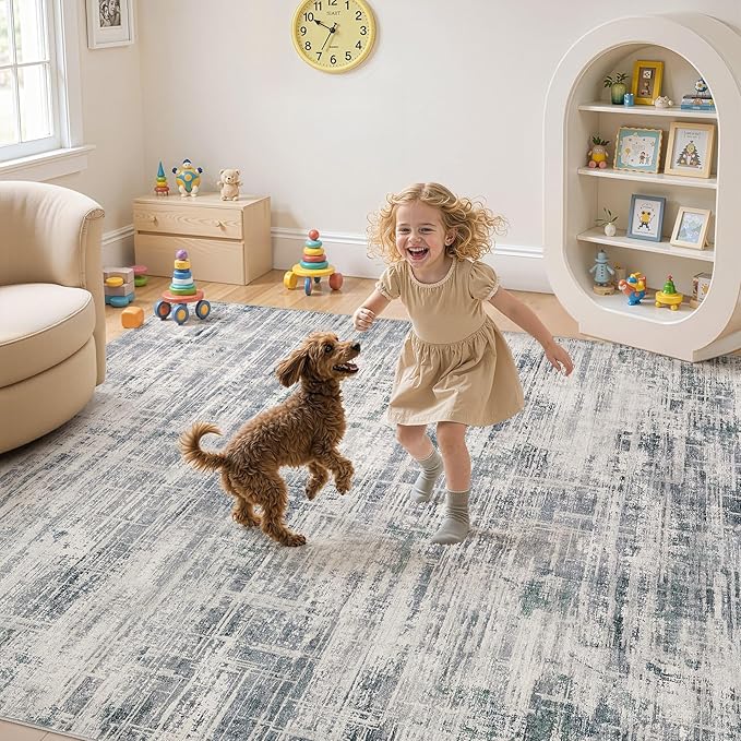 Area Rug for Living Room: 7x9 Washable Neutral Abstract Modern Soft Rugs Non Slip Indoor Floor Stain Resistant Large Carpet for Bedroom Dining Room Office Nursery - Gray