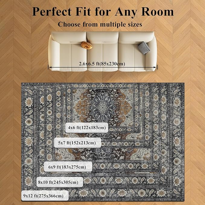 4x6 Washable Area Rug for Living Room, Carpet for Bedroom, Soft Faux Wool Retro Dining Room Rug, Non Slip&Non-Shedding Resistant Low Pile Vintage Print Rug for Home Office (Tan/Gray)