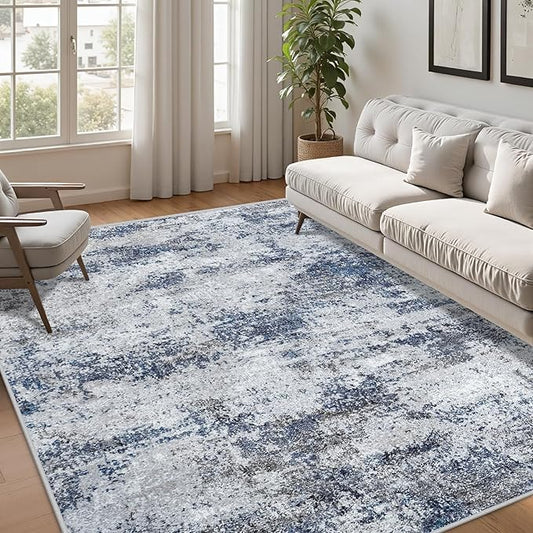 Area Rug Living Room Rugs: 5x7 Abstract Washable Rugs Ultra Soft Carpets with Non-Slip Backing Stain Resistant Carpet for Dining Room Table Bedroom Nursery Indoor Home Office Blue/Gray/Black